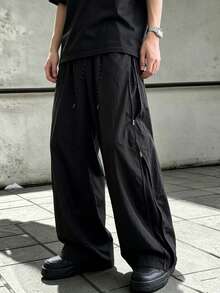American Street Style Side Zipper Mesh Patchwork Parachute Pants Men's Outdoor Loose Straight Leg Long Pants - Black - View 3