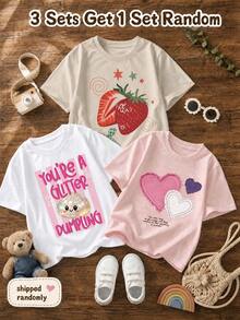 1pc Girls' Summer Sweet Style Strawberry Print T-Shirt, Fresh Plaid Bow & Star Pattern Top, Loose Comfortable Breathable Casual Everyday Versatile Outfit For Energetic Girls, Random 3 Piece, Send 1 Piece - Apricot - View 1