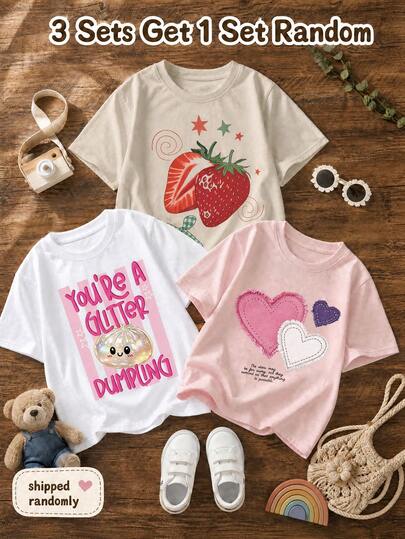 1pc Girls' Summer Sweet Style Strawberry Print T-Shirt, Fresh Plaid Bow & Star Pattern Top, Loose Comfortable Breathable Casual Everyday Versatile Outfit For Energetic Girls, Random 3 Piece, Send 1 Piece