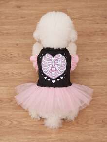 LUCKIE LABO 1pc Halloween Heart Skeleton Cap Sleeve Funny Pattern Pet Tutu, Physical Flea Prevention, Reduces Shedding, Heat Insulation & Breathable, Suitable For Small And Large Dogs And Cats, Indoor And Outdoor - Multicolor - View 3