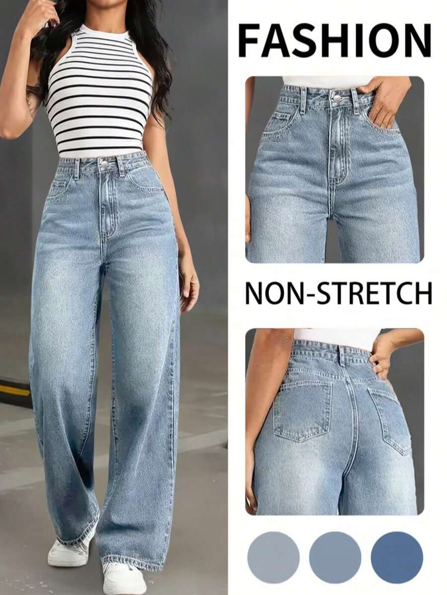 Teen Girl Bright Steel Blue Casual Fashion Multi-Craft Straight Leg Jeans
