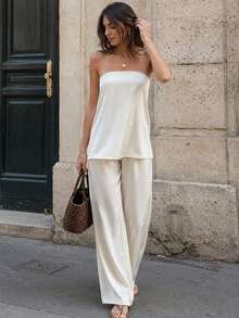 2 Peças Conjunto de Terno Feminino, Conjunto de Roupas de Verão para Senhoras, Conjunto Casual Elegante Feminino de 2 Peças Branco - Branco - Visão 1