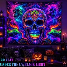 2D Flat, One-Piece QD_VIVIOS UV Fluorescent Reactive Tapestry, Suitable For Halloween, Featuring Skull And Mandala Patterns, A UV Blacklight Wall Hanging That Glows Under Ultraviolet Light - Multicolor - View 9