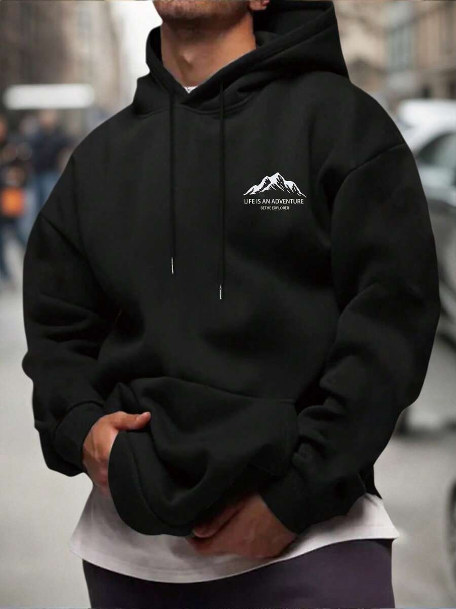 YUNTUO 男士極簡山脈印花連帽衛衣,寬鬆休閒抽繩袋鼠口袋套頭衫,街頭風,休閒,青春,極簡,校園,復古,百搭,質感,優雅,個性,運動 - 黑色 - 查看 1