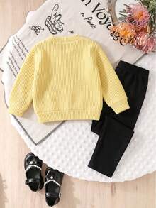 Korean Style Baby Girl Cream Honey Bee Knit Set, Textured Ribbed Single-Breasted Long Sleeve Cardigan With 3D Crochet Bee And White Flower, Solid Vertical Striped Slim Fit Long Pants, 2-Piece Spring Outfit - Yellow - View 2