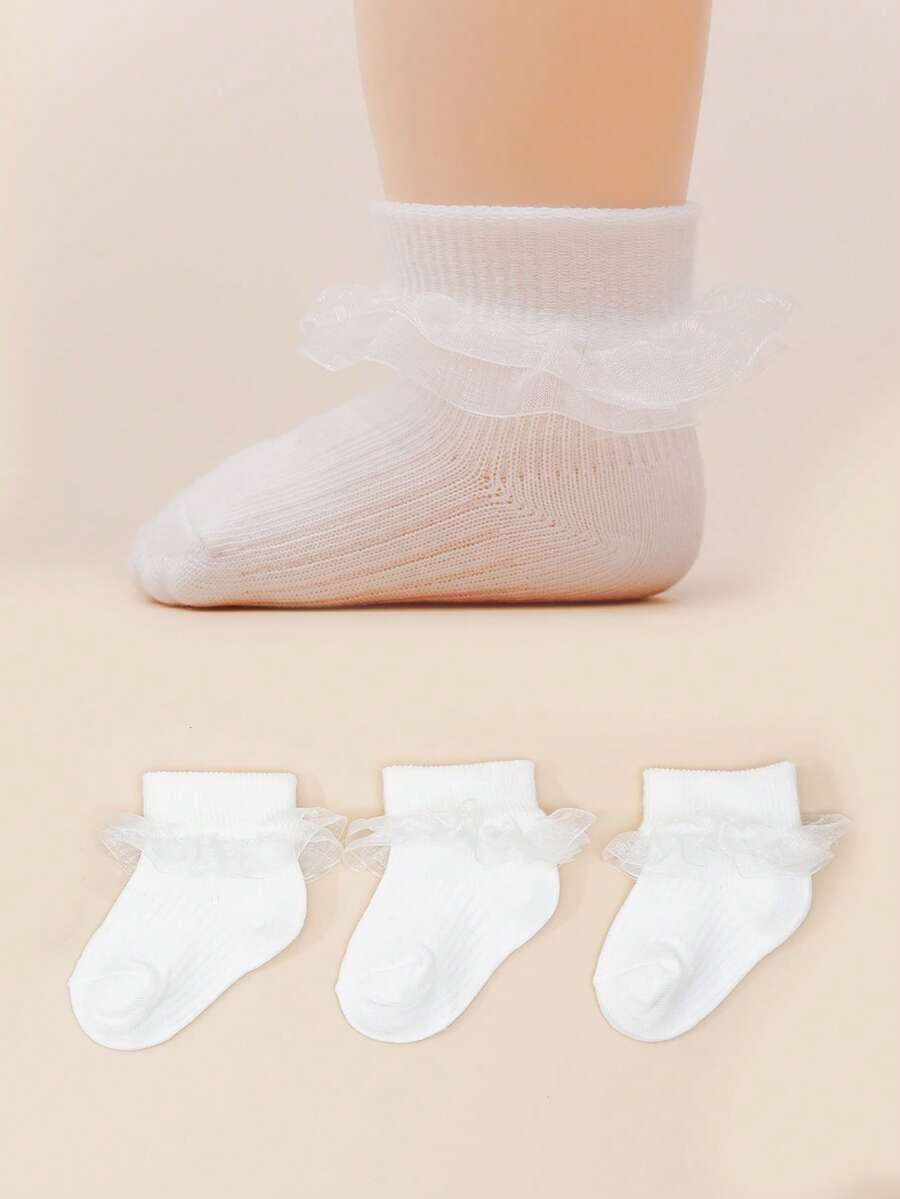 3 Pairs Baby White Ribbed Ruffle Socks, Breathable All-Season Back To School Socks, Princess Style Girly Socks For Girls - White - View 1