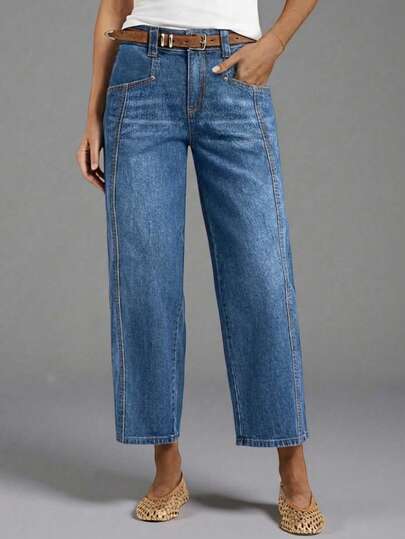 Women's Vintage Dark Blue Loose Slimming High Waist Wide Leg Cropped Denim Jeans
