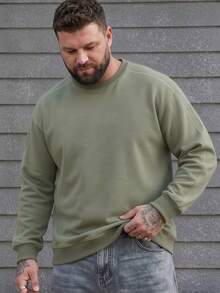 Spring/Autumn Plus Size Men's Solid Color Crew Neck Sweatshirt, Contrast Stitch Raglan Sleeve Loose Casual Basic Long Sleeve Top - Green - View 5