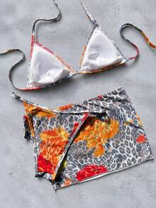 Novo Conjunto Feminino de 3 Peças, Saia Mini Estampada Clássica, Conjunto Casual de Praia de Férias Elástico, Conjunto de Maiô Formal - Multicolorido - Visão 3