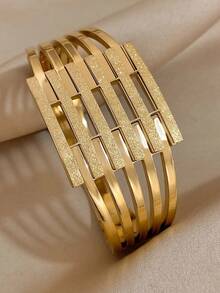 Geometric Hollow Horizontal Strip Matte Gold Stainless Steel Bracelet, Multi-Layer Stackable Wide Cuff, Commuter Luxury Chic Exquisite Hypoallergenic Fade-Resistant Hand Jewelry - Gold - View 7