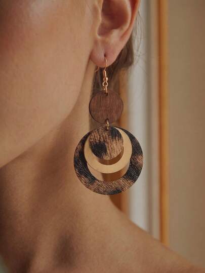 1pc Vintage Style Alloy Leopard Print Multi-Layer Round Disc Patchwork Dangle Earrings, Suitable For Women's Vacation And Daily Wear