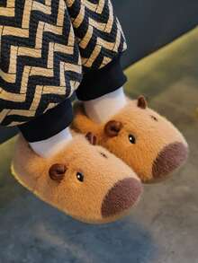 1 Pair Capybara Kids Plush Slippers, Boys Winter Cartoon Home Non-Slip Slippers, Girls Toddler Big Kids Slippers - Khaki - View 4