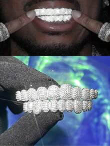 THATBOY 2pcs CZ Grillz Teeth Covers Set, 10 Teeth Coverage, Hip Hop Rapper Cosplay Shiny Punk Teeth Caps, Instant Smile Upgrade, Unisex - Multicolor - View 5