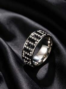 1pc Stainless Steel Wide Ring Black & White Alternating Full Zirconia Element Daily Party Outfit Couple Accessory - 1-piece Full Diamond Ring - View 9
