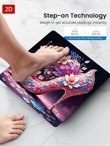 1pc Electronic Weighing Scale LED Digital Display - High Heel Shoes With Floral Decoration On Purple Background, Uses AAA Batteries (Batteries Not Included), Tempered Glass Surface, Temperature Detection - Multicolor - View 4