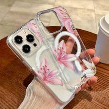 1PC Lily Flower Phone Case Pink Morning Glory 17/16/15/14/13 Pro Max 12/11 Magnetic Transparent Shockproof Protective Cover - Multicolor - View 2