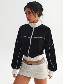 Women's Black Half-Zip Fleece Pullover Jacket, White Trim Sporty Windbreaker - Black - View 5
