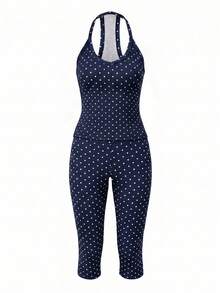 GLAMSKIN 女款夏秋基礎款波點細肩帶兩件式居家服套裝上衣，返校休閒街頭風優雅款 - 藏青底白波點 - 查看 3