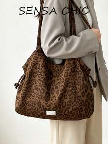 Bolso Tote de Lona de Algodón Grueso Cepillado con Estampado Integral de Leopardo Marrón Vintage, Decoración de Etiqueta de Tela con Nudo y Cordón Lateral, Gran Capacidad, Boca Abierta, Estilo Retro Americano Hot Girl, Bolso de Hombro, Bolso de Mano, Bolso de Axila, Correa Larga, Adecuado para Escuela, Desplazamientos, Viajes Cortos, Atuendo de Otoño/Invierno, Bolso Dumpling con Estampado de Leopardo de Vibra Relajada - Marrón - Ver 6