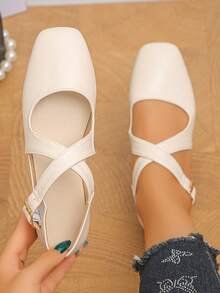 Plus Size 35-43 Beige Women's Classic Minimalist Fashion Smooth Leather Cross Strap Vintage Metal Buckle Side Hollow Square Toe Flat Mary Jane Shoes, Lightweight Comfortable Non-Slip Wear-Resistant Versatile For Daily Commute And Casual Wear, Spring/Summer - Beige PU-x Cross Strap - View 3