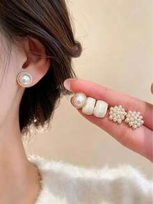 12pcs/Set French Vintage Elegant Baroque Faux Pearl Enamel Cat Eye Stone Shiny Gold Square Stud Earrings - Multicolor - View 2