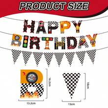 1Set Race Car Happy Birthday Banner With Checkered Pennant Flags, Racing Helmet Traffic Light Trophy Wheel Pattern Paper Garland, Black White Checkered Racing Themed Hanging Decor For Birthday Party Indoor Outdoor Wall Photo Booth Supplies - View 2