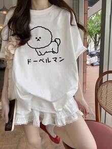 Japanese Style Women's Loose Round Neck Cartoon Print Short Sleeve T-Shirt, Summer White Casual - White - View 3