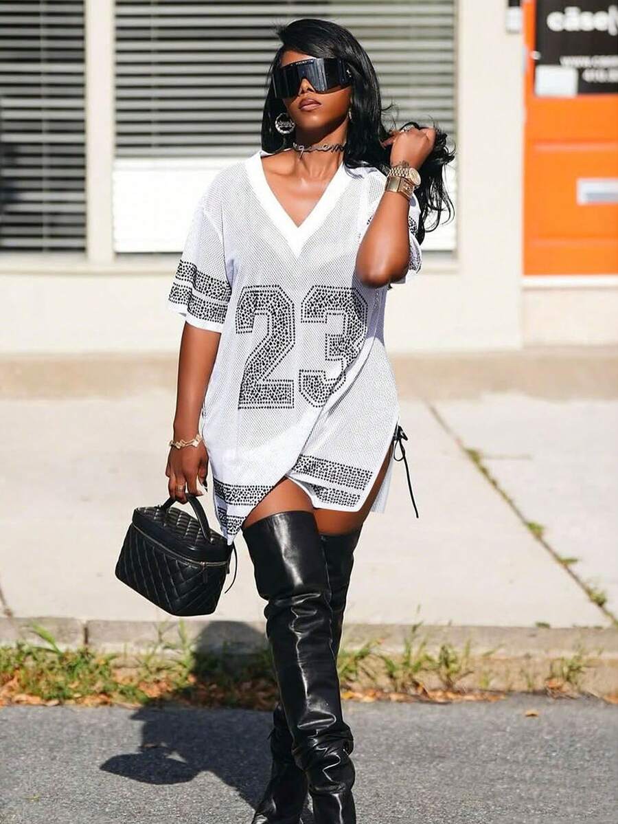 Solid Color V-Neck Short Sleeve Rhinestone Sexy Sheer Split Hem Women's Top, Suitable For Birthday Party And Holiday Celebration Wedding White - White - View 1