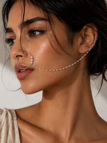 outingfit 1pc New Style Adjustable Non-Pierced Circle Nose Ring With Rhinestone, Pearl Hair Clip - Pearl - View 1