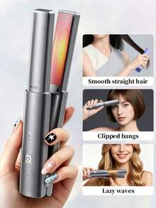 SKYWORTH 2合1直捲髮造型器，適用於細軟髮，迷你USB充電式，3段加熱設定，鈦金屬加熱板，50分鐘電池續航力，便攜旅行尺寸，可打造滑順直髮或柔美波浪捲髮 - 彩色 - 查看 2