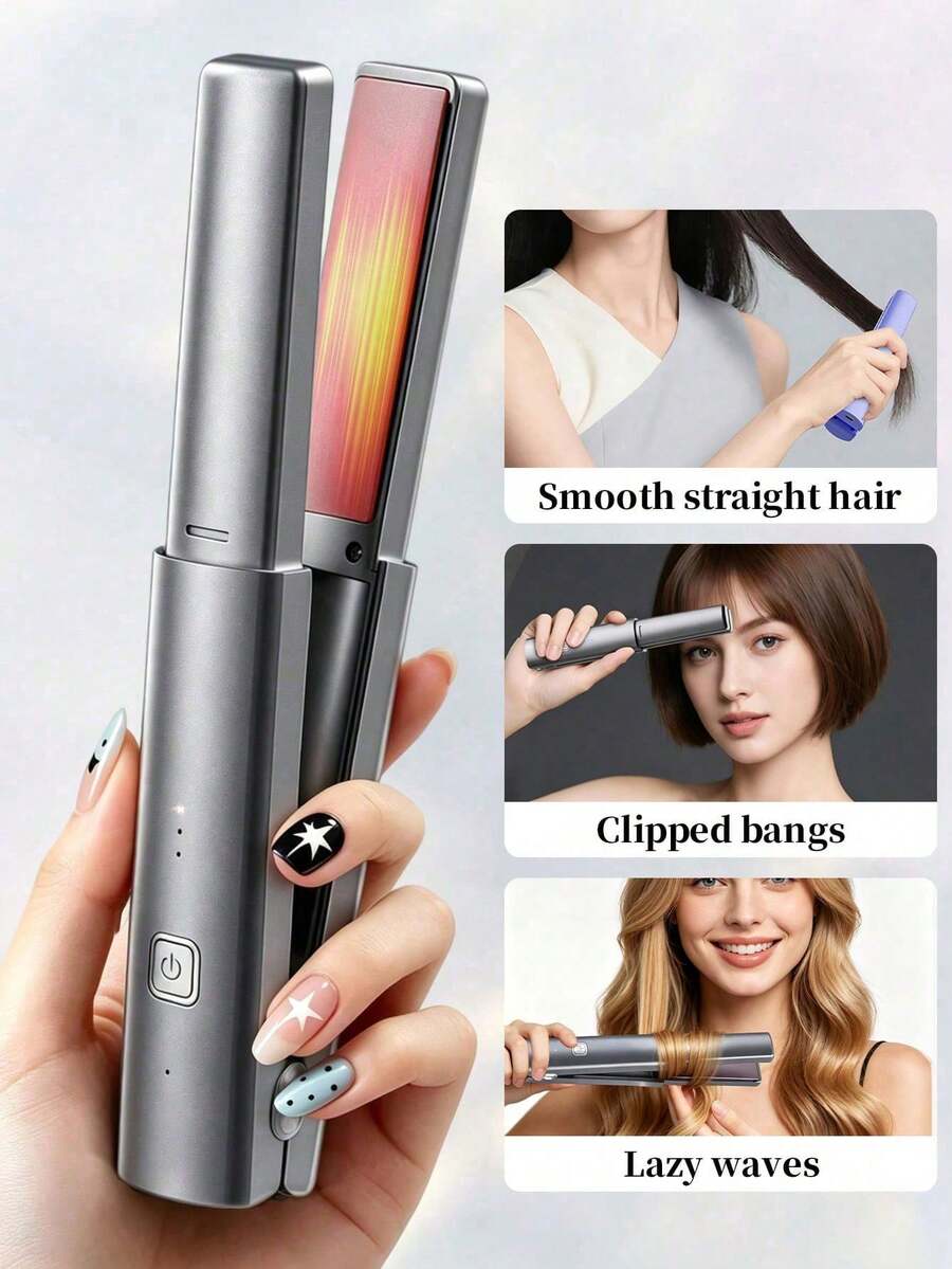 SKYWORTH 2合1直捲髮造型器，適用於細軟髮，迷你USB充電式，3段加熱設定，鈦金屬加熱板，50分鐘電池續航力，便攜旅行尺寸，可打造滑順直髮或柔美波浪捲髮