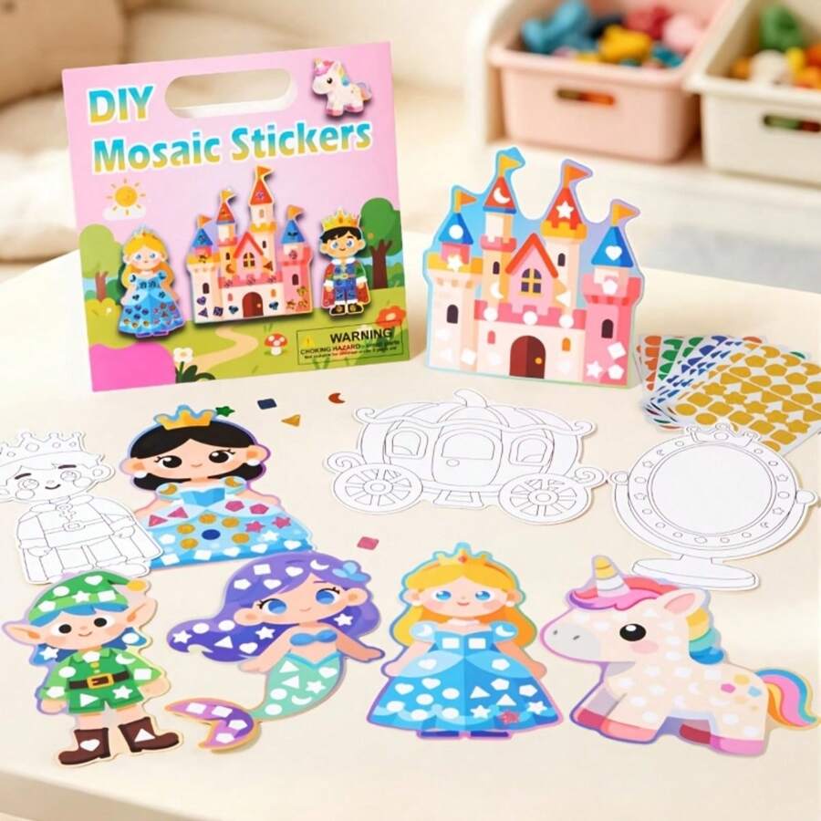2-In-1 Mosaic Stickers And Coloring Craft Set, Animal Transportation Dinosaur Princess Theme Painting Stickers, Cartoon Stickers Painting Double-Sided Art Set Toy Gift - Multicolor - View 1