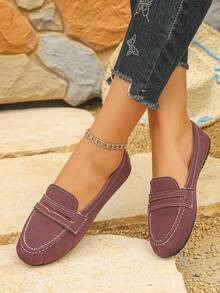 Women's Minimalist Casual Round Toe Slip-On Loafers, Burgundy Faux Suede Flat Shoes, Easy-To-Wear Soft Comfortable Daily Commute Driving Moccasins - Burgundy Frosted - View 4