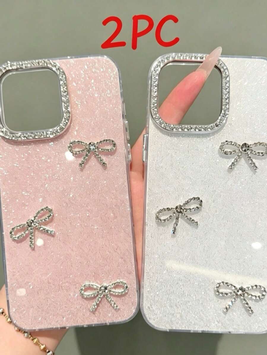 1件粉色亮片蝴蝶結手機殼 + 1件白色亮片蝴蝶結手機殼 - 彩色 - 查看 1