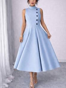Elegant Sleeveless High Neck Midi Dress For Women, Side Button Detail, Chic Casual And Party Tailored Dress - azul bebe - 查看 5