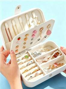 Portable Travel Jewelry Organizer Box, Suitable For Displaying Earrings, Necklaces, Pendants And Rings; Equipped With Double-Layer Ring Storage Area And Zippered Snap-Seal Compartment, Practical Storage Solution - Multicolor - View 14