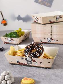 20/24/30/50/100PCS Halloween Paper Food Trays,Disposable Snack Boxes With Gothic Skull, Red Roses,Spiders And Spider Web Print On Beige, Serving Trays For Popcorn,Candy, Fries,Nachos,Hot Dogs,Cookies,Desserts, Gothic Tablescapes And Halloween Buffets - Multicolor - View 3