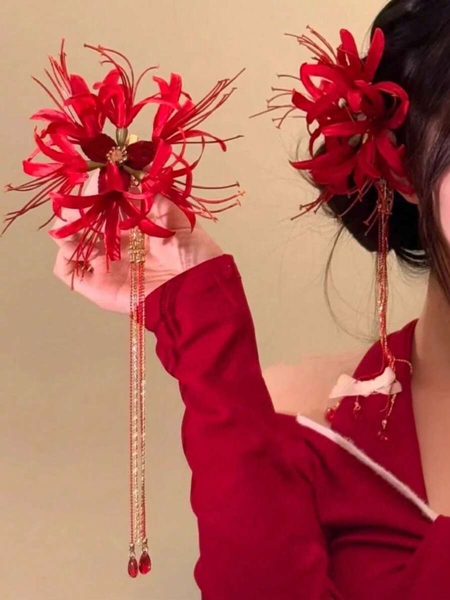 1pc Retro Palace Style Cosmos Flower Long Tassel Faux Hair Clip, Suitable For Women's Daily, Date, Party Wear, Ideal Gift For Loved Ones - Red - View 1