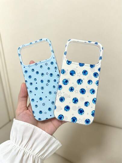 1PC Blueberry Texture Glossy Rhinestone Polka Dot Creative Star Pattern Graffiti Phone Case, Fresh INS Style Shockproof Protective Shell Compatible With IPhone17/17Pro/17 Pro Max/16/16 Pro/16 Pro Max/15/15 Pro/15 Pro Max/14/14 Pro/14 Pro Max/13/13 Pro/13 Pro Max