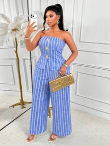 AIJ Amarilo Autumn Plus Size Casual Women's Blue Striped Bandeau Front Button Top And Wide Leg Pants 2 Pieces Set, Suitable For Party, Daily, Commute, Holiday Wear - Light Blue - View 7