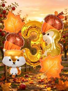Set Of 8 Gold Balloons Featuring Numbers, Foxes, Squirrels, Acorns, And Maple Leaves-Perfect For Birthday Decorations, Woodland-Themed Parties, Fall Harvest Parties, Thanksgiving, Baby Showers, And Autumn Outdoor Picnics. - View 4