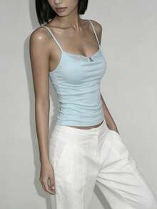 Top Dazzle Chic Women's Turquoise Knitted Short Sleeve V-Neck Top, Regular Hem And Ruffle Neck Details, Medium Stretch For A Stunning Fit - Blue - View 6