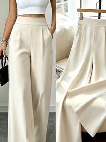 Women's Elegant High-Waist Wide-Leg Pants, With Pockets, Non-Stretch Fabric, Exuding Noble Elegant - Apricot - View 2