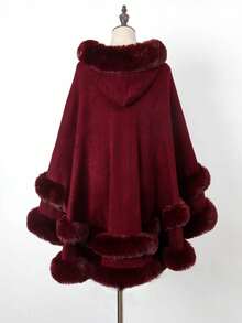 1PC Acrylic Knitted Fabric European And American Autumn And Winter New Faux Rabbit Fur Collar Hooded Hem Fringed Shawl Cape Extended Coat - Multicolor - View 8