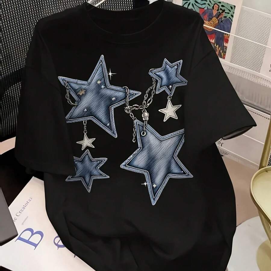 Women's Casual Short-Sleeved Round-Neck T-Shirt, Loose-Fitting Blue Star Print T-Shirt, Fashionable Breathable Cotton T-Shirt For All Seasons - Shape - View 1