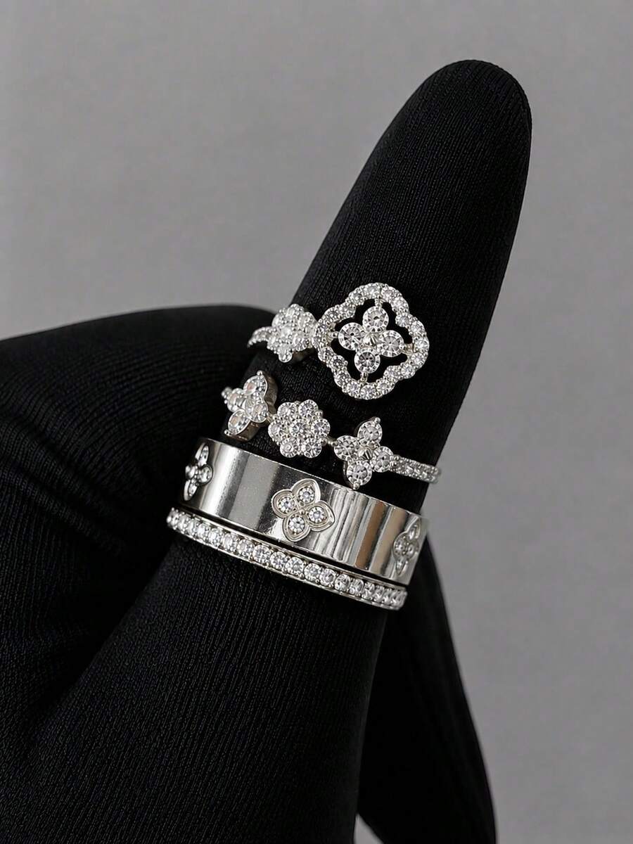 1/3pcs Fashion Elegant Luxury 18K Gold Plated Stainless Steel Four-Leaf Clover Hoop Ring, Paired With Copper 16K Gold Plated Starry Four-Leaf Clover Round Ring Set, Suitable For Women's Daily Wear, Anniversary Gift, Wedding, Birthday, Perfect Choice For Girlfriend And Mother - Silver - View 1
