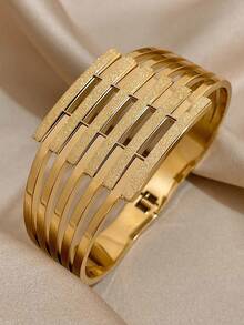 Geometric Hollow Horizontal Strip Matte Gold Stainless Steel Bracelet, Multi-Layer Stackable Wide Cuff, Commuter Luxury Chic Exquisite Hypoallergenic Fade-Resistant Hand Jewelry - Gold - View 3