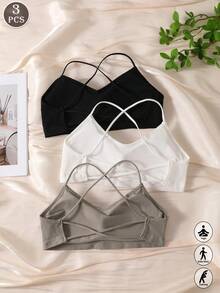 3pcs Women's Solid Color Ribbed Criss-Cross Back Wireless Bandeau, Spaghetti Strap Padded Sports Bra, Casual Daily Yoga Comfortable Bra - Multicolor - View 1