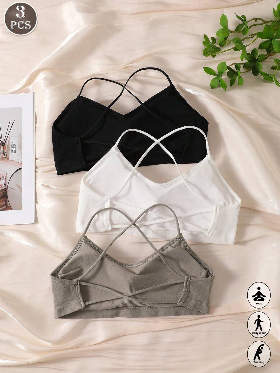3pcs Women's Solid Color Ribbed Criss-Cross Back Wireless Bandeau, Spaghetti Strap Padded Sports Bra, Casual Daily Yoga Comfortable Bra - Multicolor - View 1