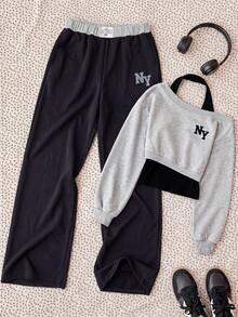 Lurzo Teen Girl Letter Print 2 In 1 Halter Neck T-Shirt And Casual Pants Set, Suitable For Outdoor Wear, Style - Grey - View 3